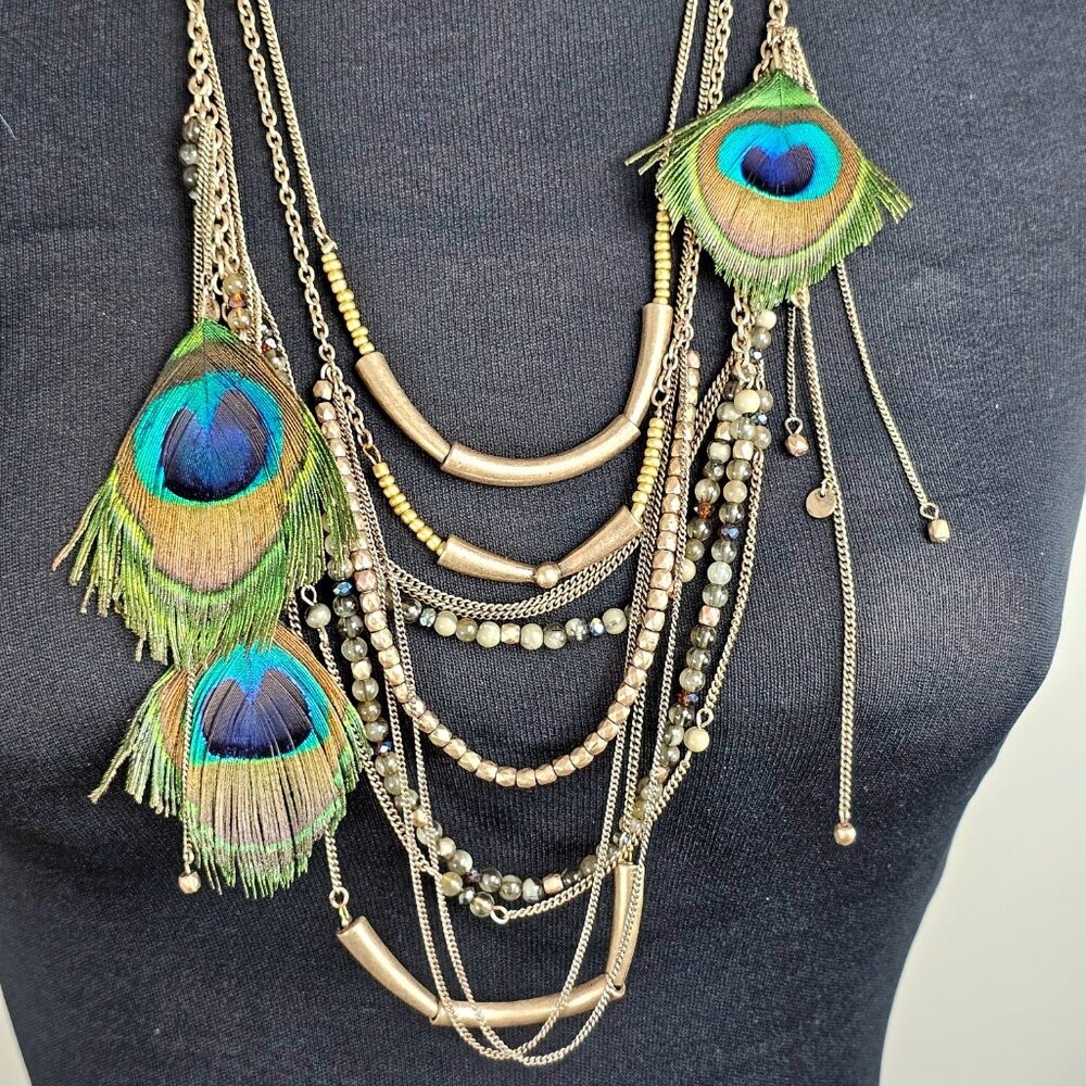 Express Multi-Strand Peacock Feather Statement Ne… - image 2